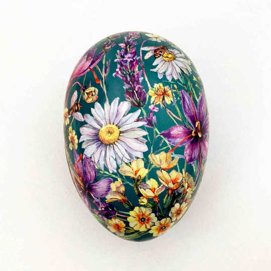 4-1/2" Springtime Flowers and Bees on Teal Papier Mache Easter Egg Container ~ Germany